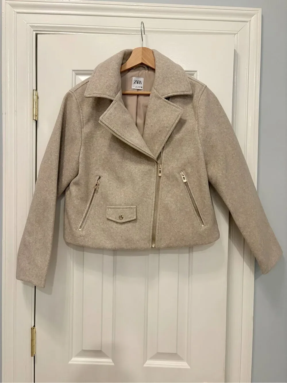 ZARA Soft Lapel Collar Crossover Asymmetric Moto Jacket Size S Camel